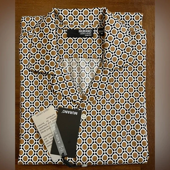 Murano Liquid Luxury Slim Fit Notch Collar Button-Up Shirt Brown/White Size M - Picture 8 of 12